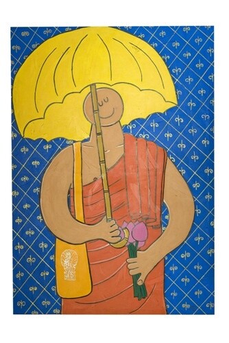 Malerei mit dem Titel "Monk Umbrella on Bl…" von Stephane Delaprée, Original-Kunstwerk