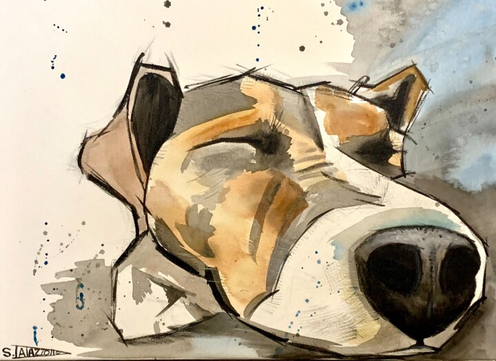 Painting titled "Max dort(chien,dogs)" by Stéphane Palazzotto, Original Artwork, Acrylic