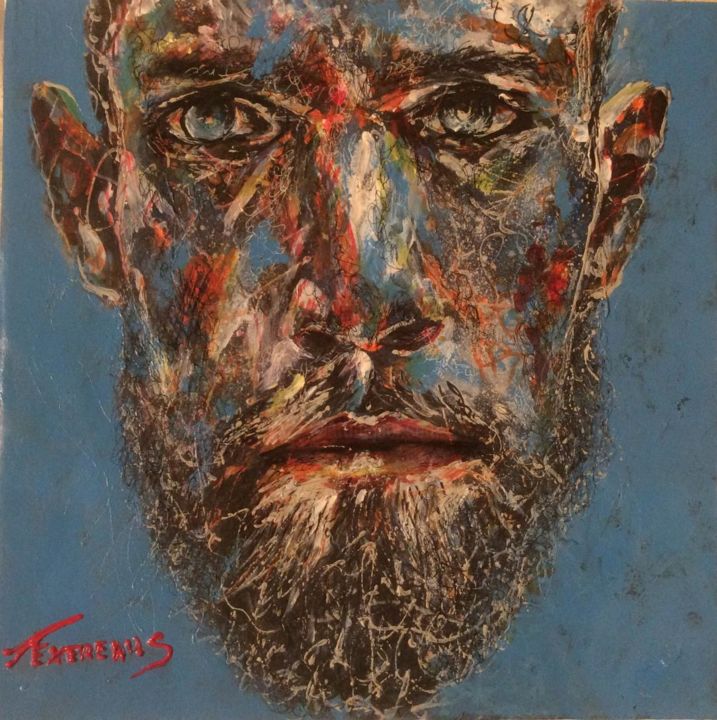 Painting titled "Blue Man" by Stephane Texereau, Original Artwork, Oil Mounted on Wood Stretcher frame
