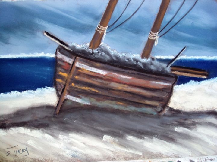 Painting titled "bateau sur le sable" by Stephane Thery, Original Artwork, Pastel