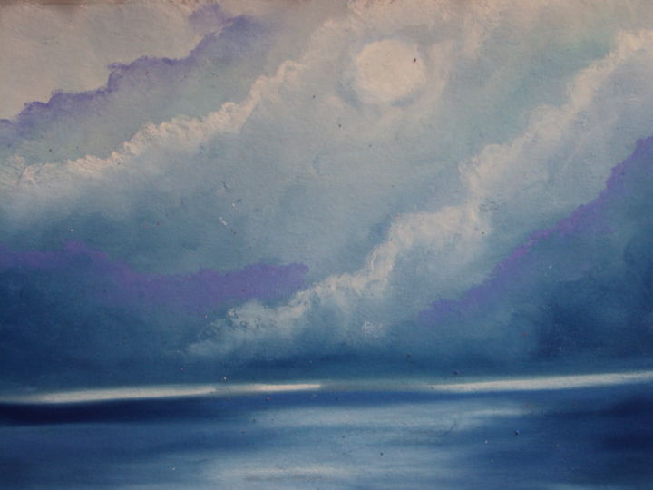 Painting titled "lune sur la mer" by Stephane Thery, Original Artwork, Pastel