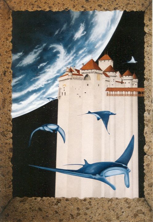 Painting titled "Château de Chillon" by Stéphane Favre, Original Artwork, Airbrush Mounted on Wood Panel