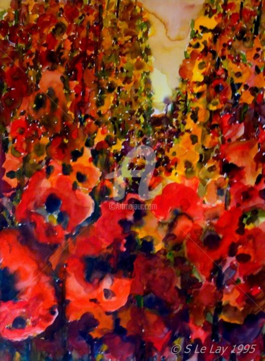 Malerei mit dem Titel "Champ de fleurs" von Stéphane Le Lay, Original-Kunstwerk, Aquarell
