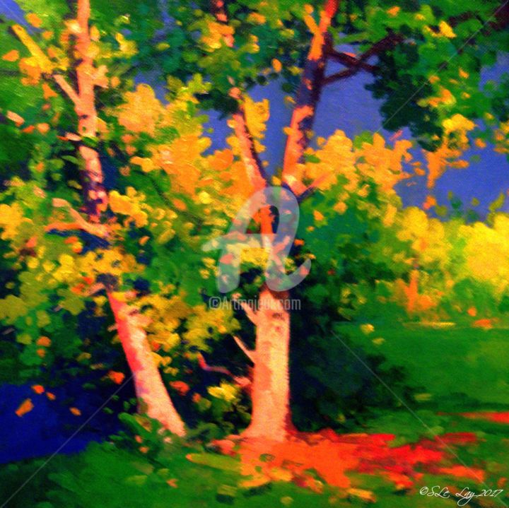 Painting titled "Arbres en bord de r…" by Stéphane Le Lay, Original Artwork, Acrylic