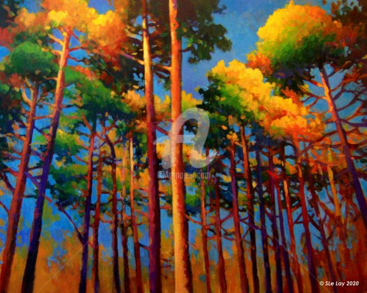 Peinture intitulée "Grande forêt de pins" par Stéphane Le Lay, Œuvre d'art originale, Acrylique