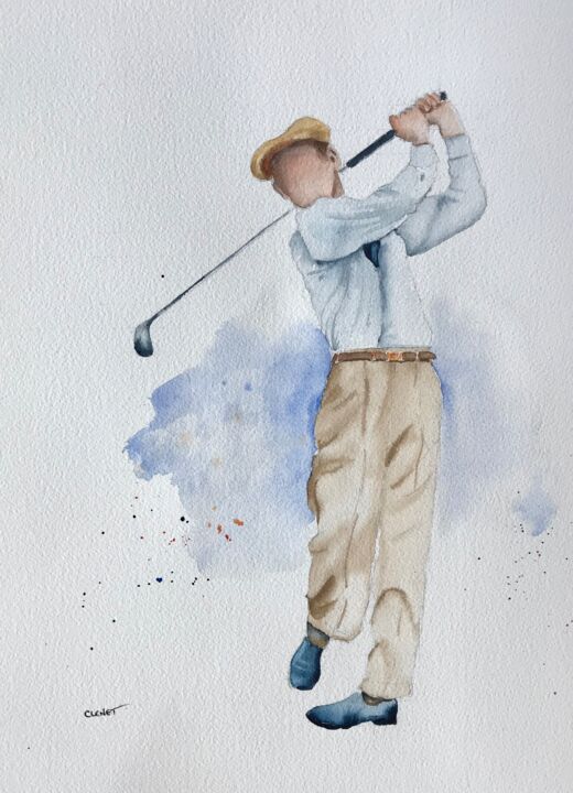 Pittura intitolato "Golfeur vintage num…" da Stéphanie Clenet, Opera d'arte originale, Acquarello