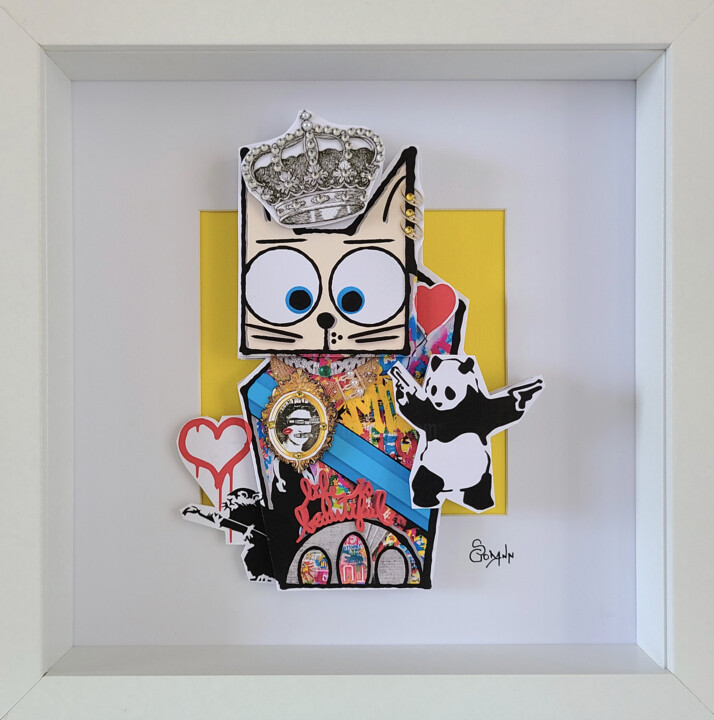 Schilderij getiteld "God Save The Cat" door Stéphanie Godann, Origineel Kunstwerk, Acryl Gemonteerd op Frame voor houten bra…