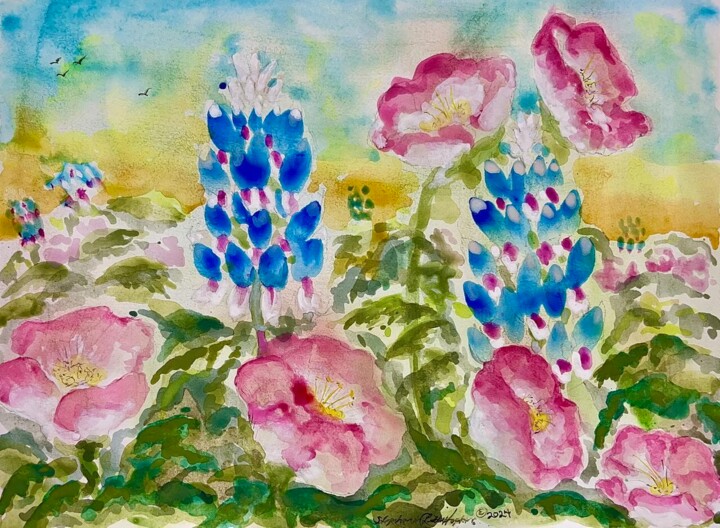 Картина под названием "Texas Spring Flowers" - Stephanie Hopkins, Подлинное произведение искусства, Акварель