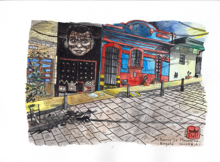 Dibujo titulada "Barrio La Macarena…" por Stéphanie Logeais (Steff), Obra de arte original, Acuarela