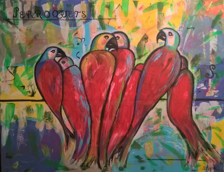 Painting titled "Perroquets" by Stephanie Bernard, Original Artwork, Acrylic