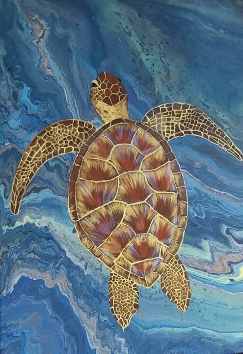 Painting titled "Sea Turtle" by Stephanie Favier, Original Artwork, Acrylic Mounted on Wood Stretcher frame