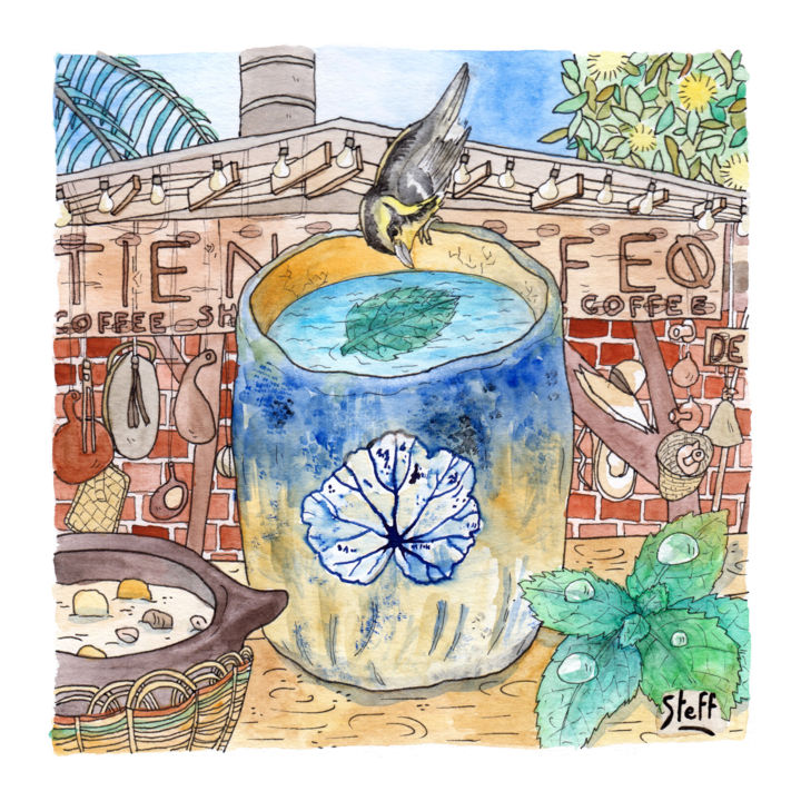 Drawing titled "Taza Pájaro #artist…" by Stéphanie Logeais (Steff), Original Art, Watercolor