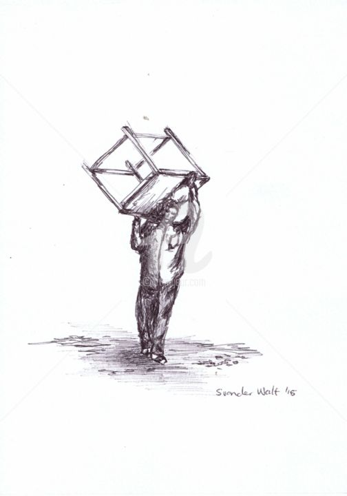 Drawing titled "Man Carrying Table" by Stephany, Original Artwork, Ballpoint pen