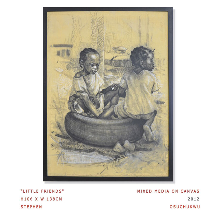 Pittura intitolato "Little Friends" da Stephen Osuchukwu Signature Art Gallery, Opera d'arte originale, Carbone