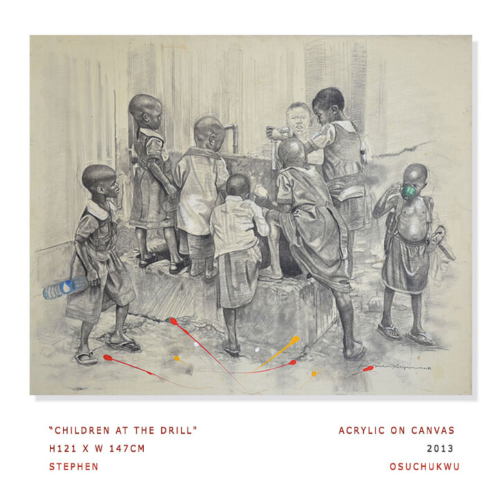 Pittura intitolato "Children At TheDrill" da Stephen Osuchukwu Signature Art Gallery, Opera d'arte originale, Carbone