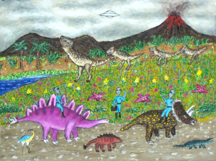 Malerei mit dem Titel "Dinosaur Procession" von Stephen Warde Anderson, Original-Kunstwerk, Acryl Auf Andere starre Platte m…