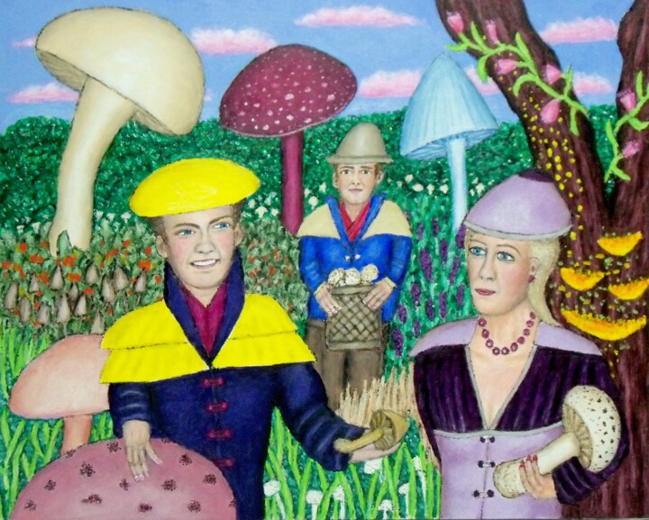 Painting titled "Collecting Mushrooms" by Stephen Warde Anderson, Original Artwork, Acrylic Mounted on Other rigid panel