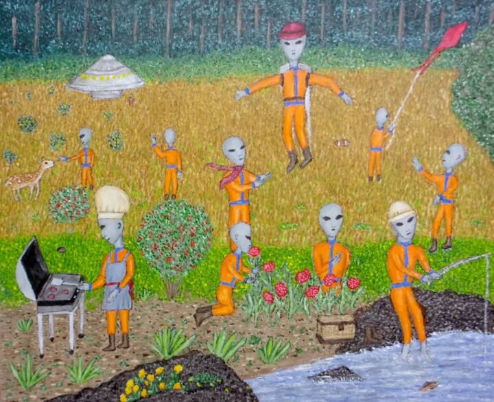 Painting titled "Gray Aliens Take a…" by Stephen Warde Anderson, Original Artwork, Acrylic Mounted on Other rigid panel