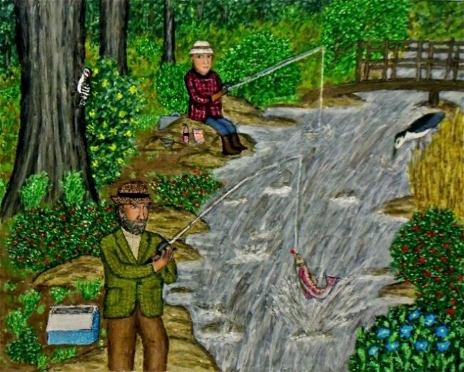 Painting titled "Fishy in the Brook" by Stephen Warde Anderson, Original Artwork, Acrylic Mounted on Other rigid panel