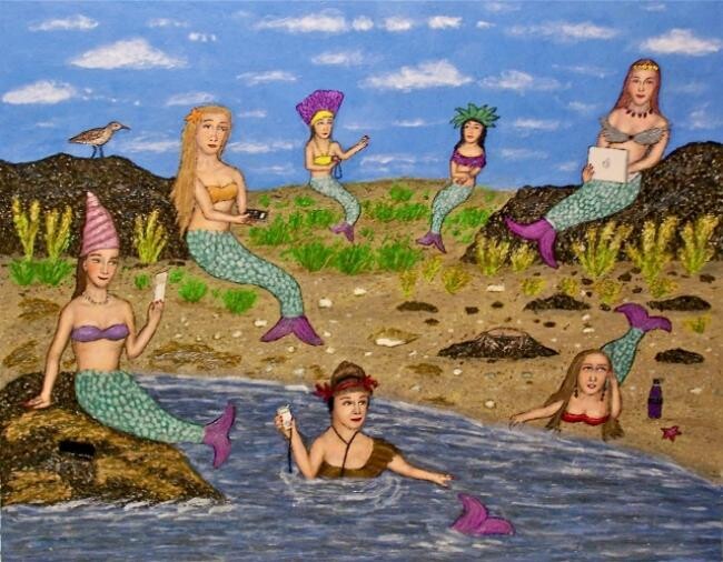 Painting titled "Mermaids Go Hi-Tech" by Stephen Warde Anderson, Original Artwork, Acrylic Mounted on Other rigid panel
