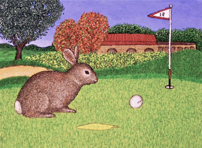 Malerei mit dem Titel "Bunny on the 18th G…" von Stephen Warde Anderson, Original-Kunstwerk, Acryl Auf Andere starre Platte…