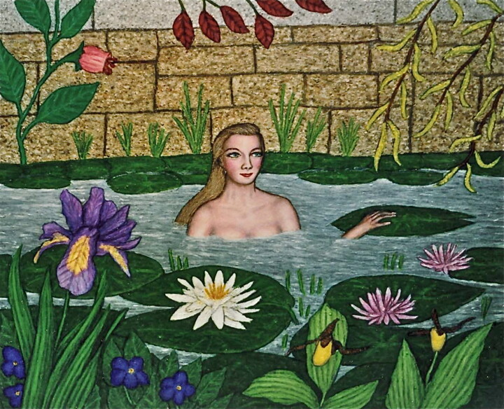 Painting titled "Bathing in a Lily P…" by Stephen Warde Anderson, Original Artwork, Acrylic Mounted on Wood Panel