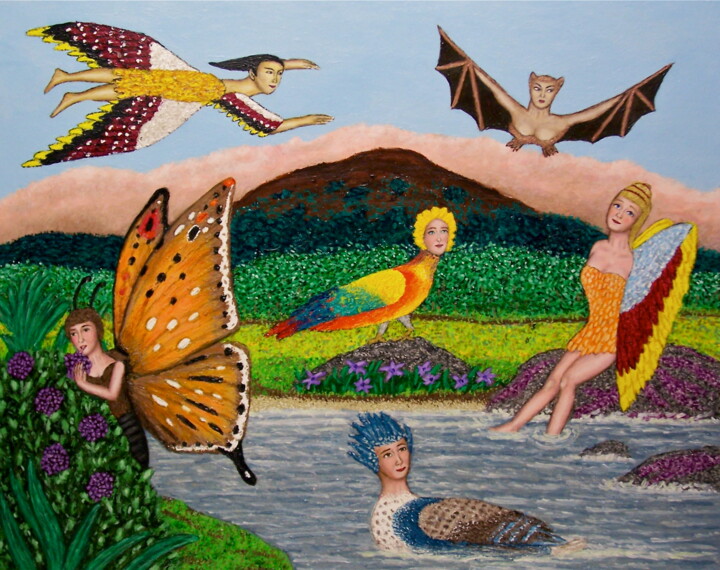 Painting titled "Isle of Winged Women" by Stephen Warde Anderson, Original Artwork, Acrylic Mounted on Other rigid panel