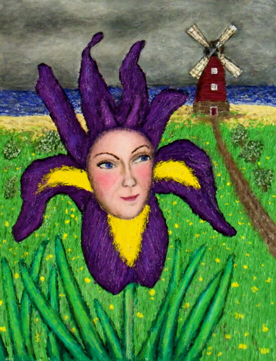 Painting titled "Dutch Iris Girl" by Stephen Warde Anderson, Original Artwork, Acrylic Mounted on Other rigid panel