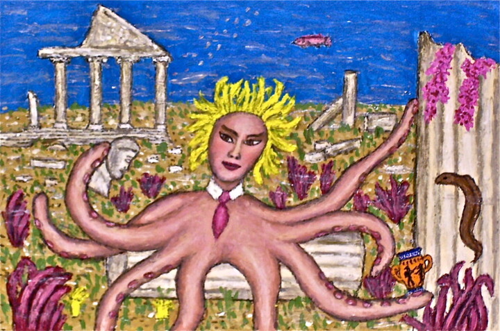 Painting titled "Mimiko the Octopus…" by Stephen Warde Anderson, Original Artwork, Acrylic Mounted on Other rigid panel