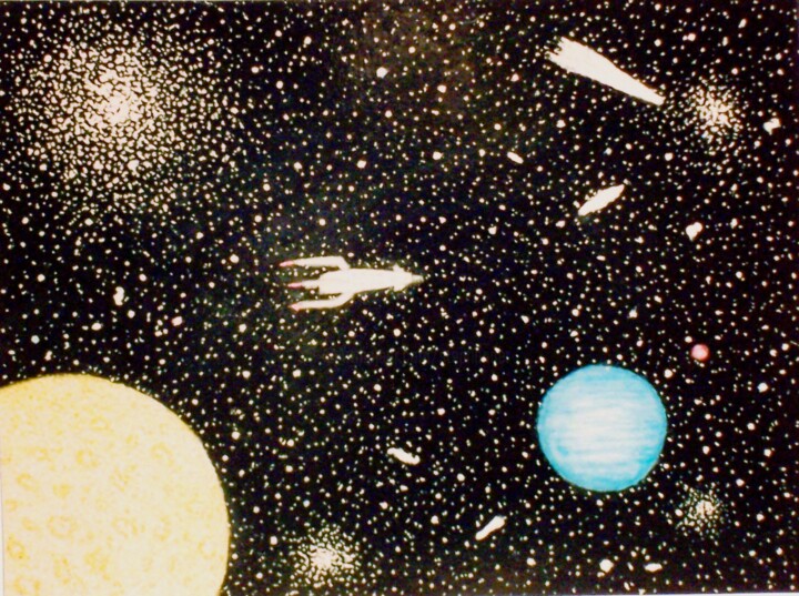 Peinture intitulée "Space Scene" par Stephen Warde Anderson, Œuvre d'art originale, Acrylique Monté sur Panneau de bois