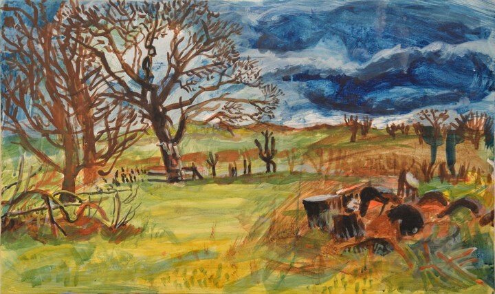Painting titled "Sycamores and Felle…" by Stephen West, Original Artwork, Tempera