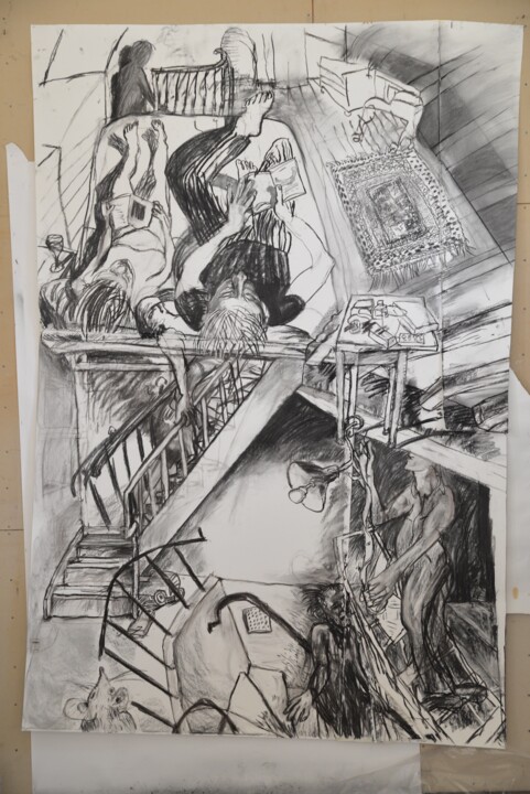 Disegno intitolato "Three Dwellings" da Stephen West, Opera d'arte originale, Carbone