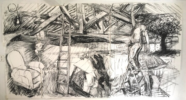 Drawing titled "Incident in an Attic" by Stephen West, Original Artwork, Charcoal