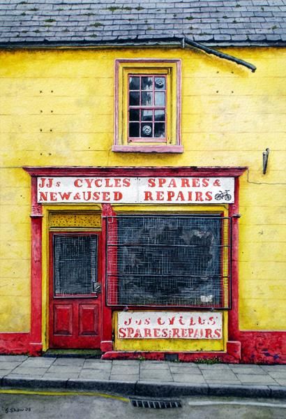 Painting titled "Cycle Shop, Ballyca…" by Stephen Shaw, Original Art, Oil