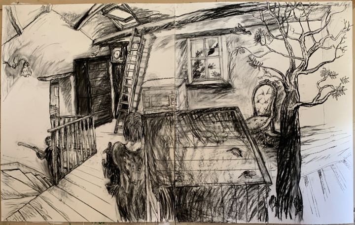 Drawing titled "Bird Cupboard Tree" by Stephen West, Original Art, Charcoal