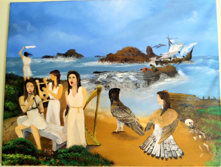 Painting titled "the sirens-οι σειρη…" by Christos Sterniotis, Original Artwork, Oil