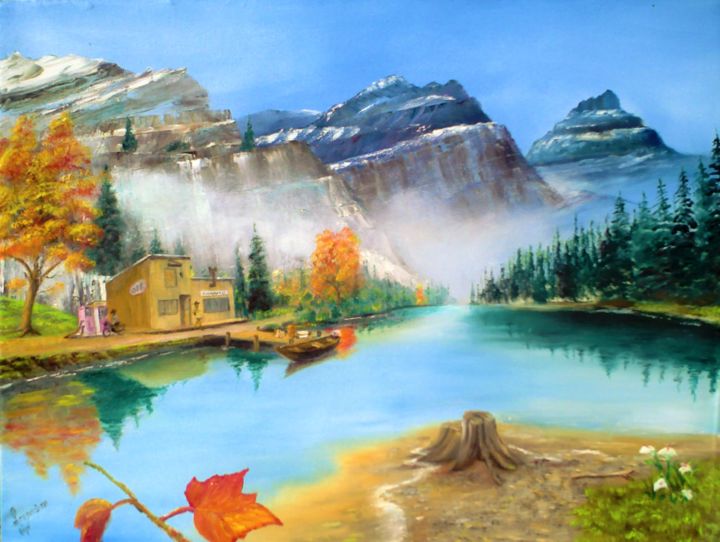 Painting titled "morning on river" by Christos Sterniotis, Original Artwork, Oil