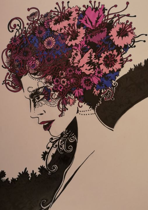 Drawing titled "La femme aux fleurs" by Stetiar, Original Artwork, Ink