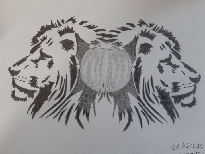 Dessin intitulée "Têtes de lion" par Steve Durieu, Œuvre d'art originale, Crayon