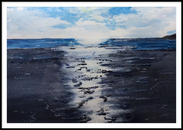 Painting titled "Caswell Bay - sun o…" by Steve Lovegrove, Original Artwork, Watercolor