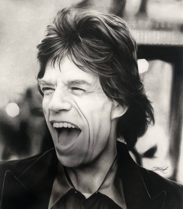 Drawing titled "Mick Jagger" by Steven Corrales, Original Artwork, Charcoal Mounted on Cardboard
