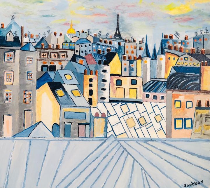 Painting titled "Les toits de Paris" by Steve Soobben, Original Artwork, Oil