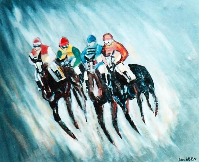 Peinture intitulée "Les cavaliers au ga…" par Steve Soobben, Œuvre d'art originale