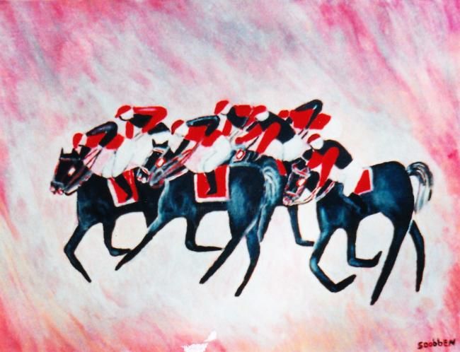 Painting titled "Les cavaliers rouges" by Steve Soobben, Original Artwork