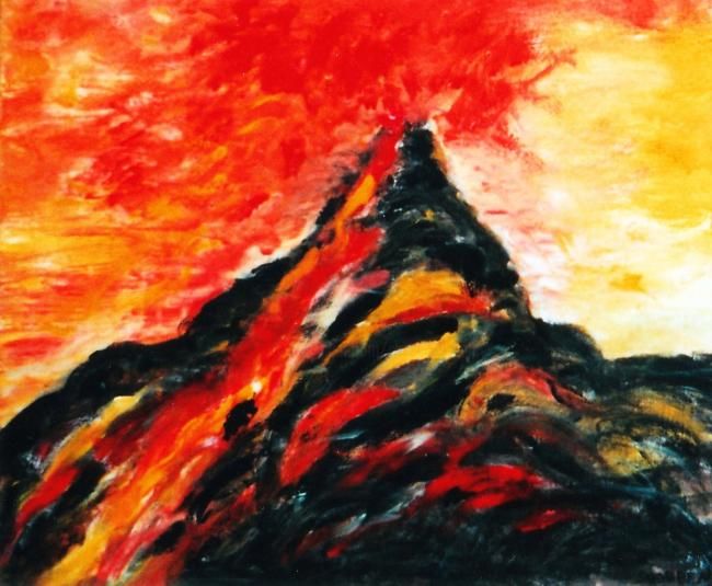 Painting titled "La montagne en feu" by Steve Soobben, Original Artwork, Oil
