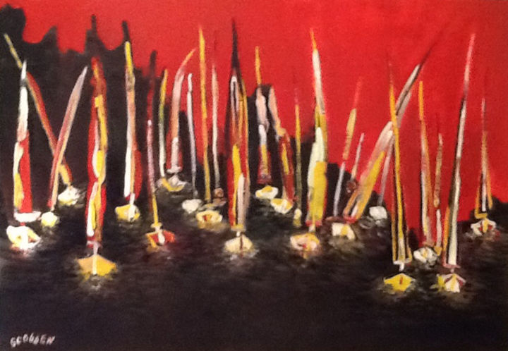 Painting titled "Boats in the red bay" by Steve Soobben, Original Artwork, Oil