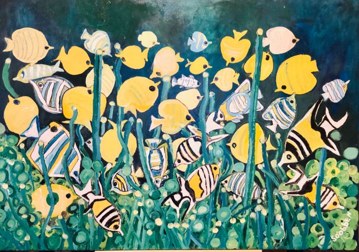 Painting titled "Les poissons jaunes" by Steve Soobben, Original Artwork, Oil