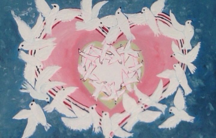 Peinture intitulée "Coeur et colombes" par Steve Soobben, Œuvre d'art originale, Huile