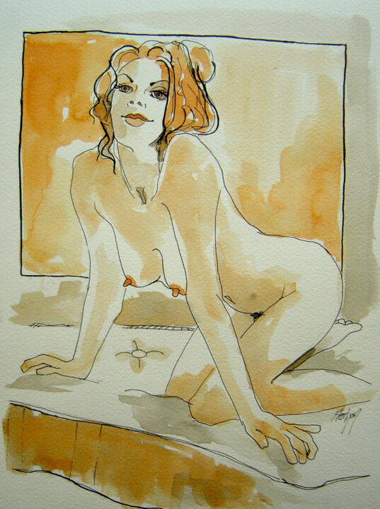 Dessin intitulée "Stéphanie à genoux…" par Stewart Fletcher, Œuvre d'art originale, Encre