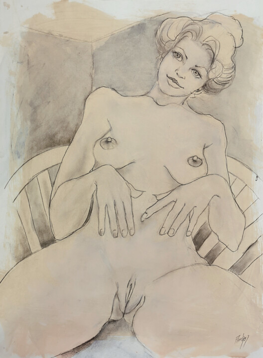 Drawing titled "Modèle nu en chaise…" by Stewart Fletcher, Original Artwork, Graphite